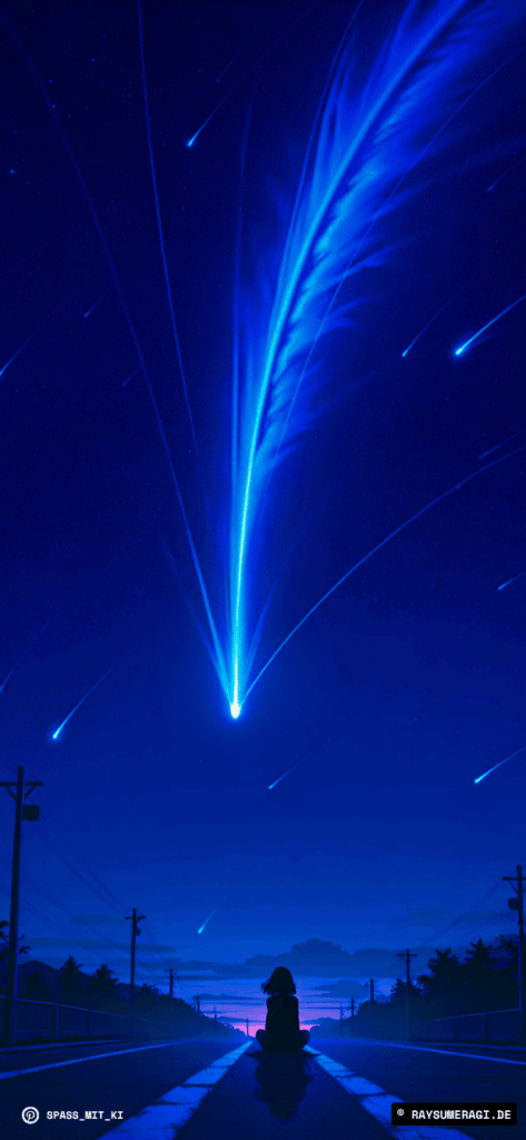 Manchmal reicht ein Moment, um alles zu sagen. Dieses KI-Bild fängt die Ruhe vor der Erfüllung ein – ein Mädchen, ein Wunsch, ein himmlisches Zeichen.