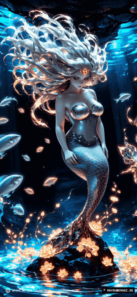 Silberhaarige Meerjungfrau in dunkler Tiefsee, von leuchtenden Pflanzen umgeben