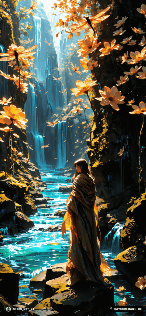 Goldene Libellen vor rauschendem Wasserfall, umgeben von schimmerndem Licht