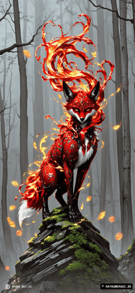 Mystischer Fuchs mit flammendem Fell, stehend im nebligen Wald, Fantasy-Art