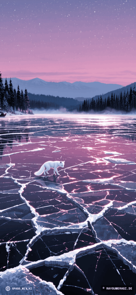 Weißer Fuchs auf gefrorenem See bei Sonnenuntergang, ruhige Winterlandschaft