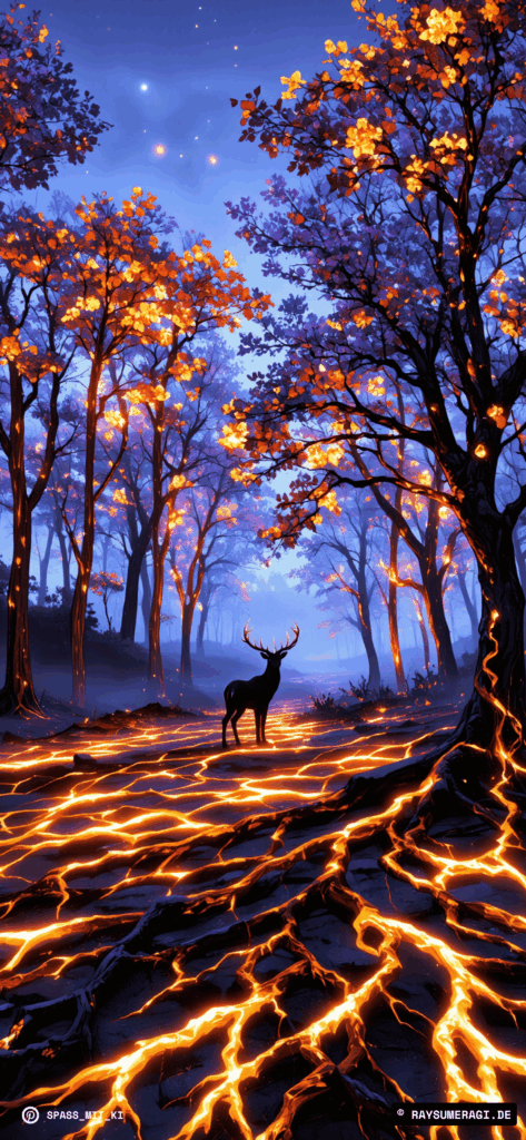 Schwarzer Hirsch steht auf glühender Lava im dunklen Wald