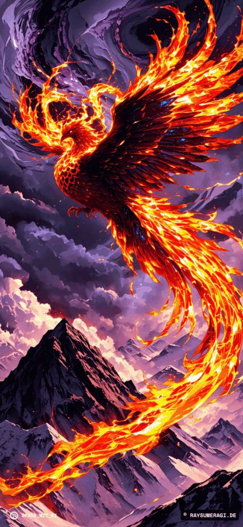 Feuriger Phönix im Flug über schneebedeckten Bergen, leuchtend im Abendhimmel