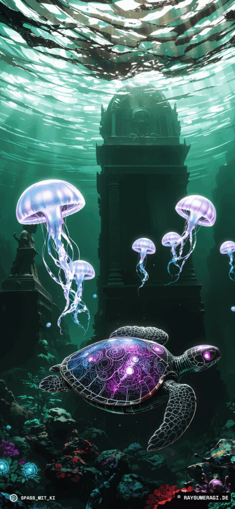 Meeresschildkröte schwimmt durch versunkene Stadt, umgeben von leuchtenden Quallen