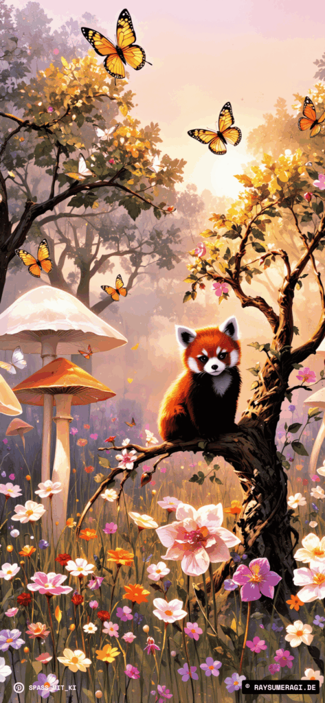 Roter Panda sitzt zwischen Blumen und Schmetterlingen im Wald