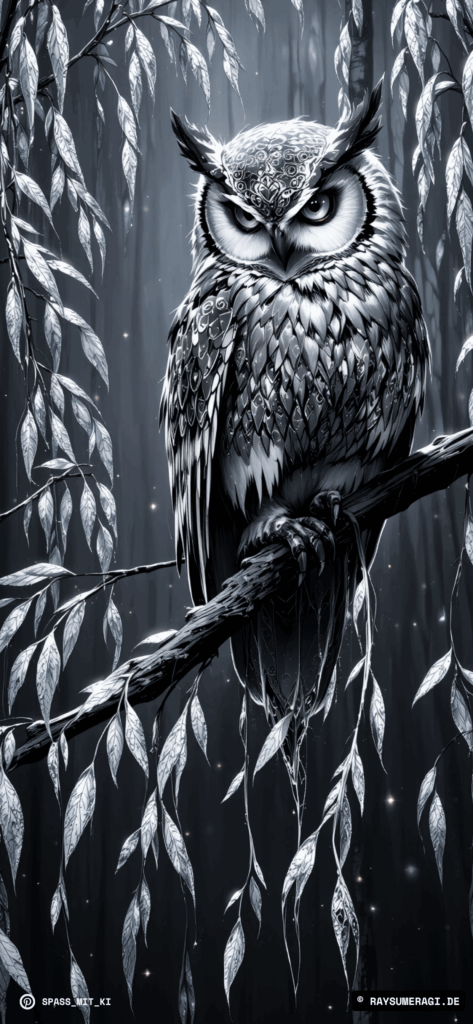 Silberne Eule sitzt in dunklem Blätterdach, Mondlicht auf Federn