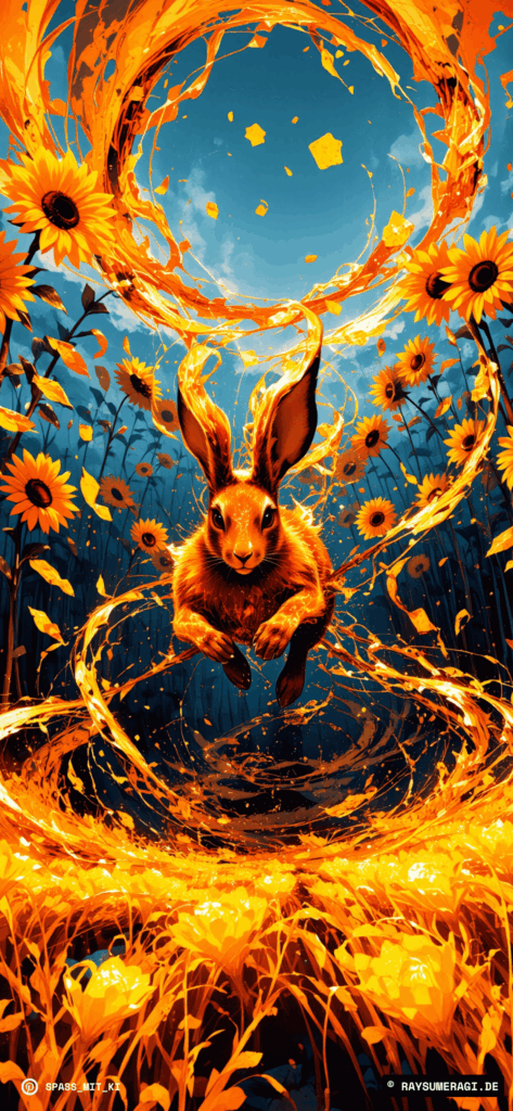 Goldener Hase springt durch ein Sonnenblumenfeld, leuchtende Lichtspur hinterlassend