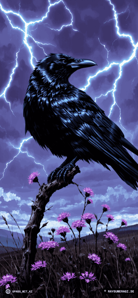 Schwarzer Rabe vor stürmischem Himmel, von Blitzen umgeben
