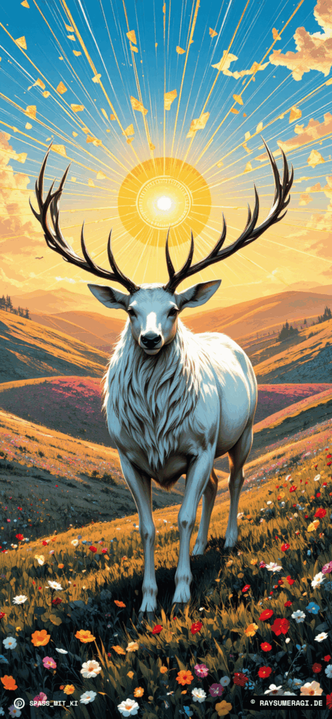 Weißer Hirsch vor aufgehender Sonne auf blühender Wiese